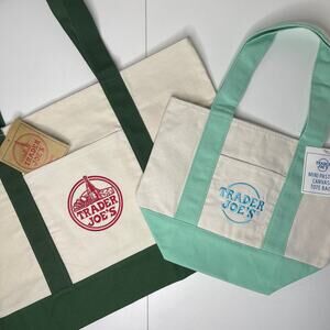 LOT Set of 2 — Trader Joe’s Canvas Tote Bag — Full Size GREEN + Mini Pastel BLUE